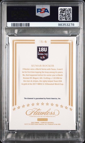 2023 FLAWLESS PANINI BASEBALL KUMAR ROCKER #6 USA 4.0 DIAMOND 1/1 PSA 9 ROOKIE - Picture 2 of 2