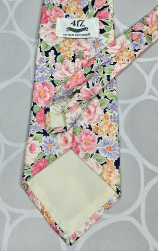 417 by Van Heusen Tie Navy Blue Spring Pink Floral All Cotton Classic 3.75 x 57 - Picture 5 of 8