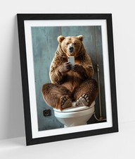 BEAR ON TOILET FUNNY BATHROOM DECOR FRAMED WALL ART PICTURE POSTER PRINT