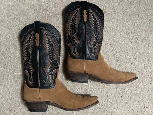 Hombres LUCCHESE Gamuza Cuero Botas de Vaquero Marrón Claro 10 D Western