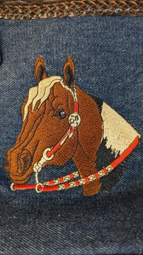 Borsa a mano Cleto Western in denim blu con testa di cavallo ricamata nuova con etichetta - Foto 4 di 11