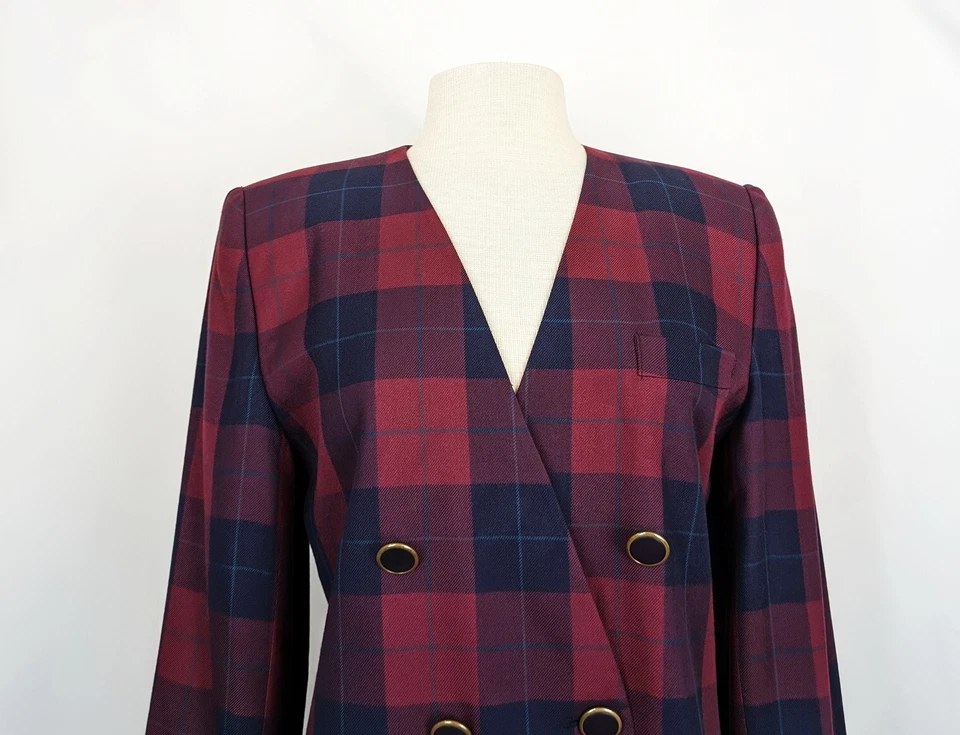 Vintage 90s Jacket Red Blue Plaid Double Breast Oversize Blazer Misses Size 8 - Image 2 of 4