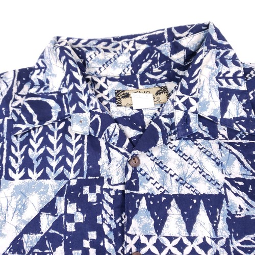 Camicia Aloha hawaiana due palme uomo M blu stampa tribale manica corta con bottoni - Foto 2 di 9