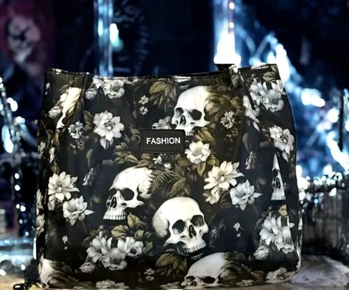 "Gothic Skull and Floral Tote Bag - Dark Fashion Statement Handbag" - Picture 2 of 17