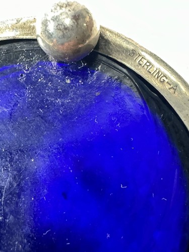 Feines 3er Set Sterling Silber offene Salz Kobaltblau Glaseinlagen Kugelfüße - Bild 7 von 13