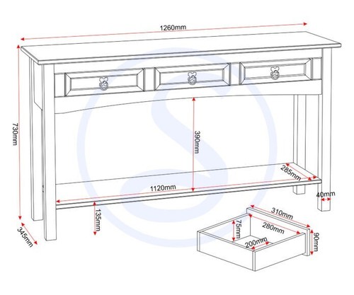 Corona 3 Drawer Console Table With Shelf Distressed Waxed Pine - Picture 9 of 9