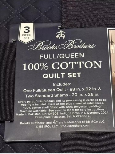 Brooks Brothers 100% Cotton Full-Queen Coverlet Quilt Set 3 Pc Navy Blue New - Picture 2 of 6