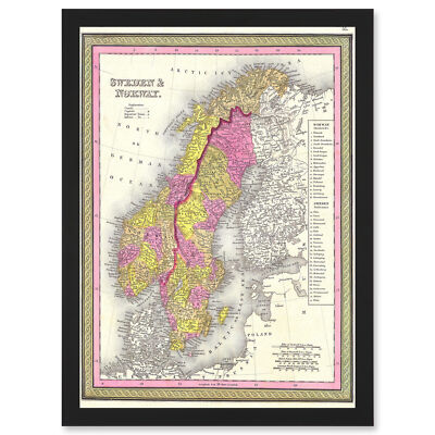 1850 Mitchell Karte Schweden und Norwegen Vintage A4 gerahmter Wandkunstdruck