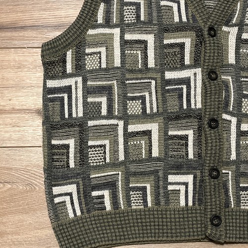 Men's VTG Jantzen Knit Sweater Vest Cardigan SZ LARGE Green Geometric Grandpa - Picture 3 of 8