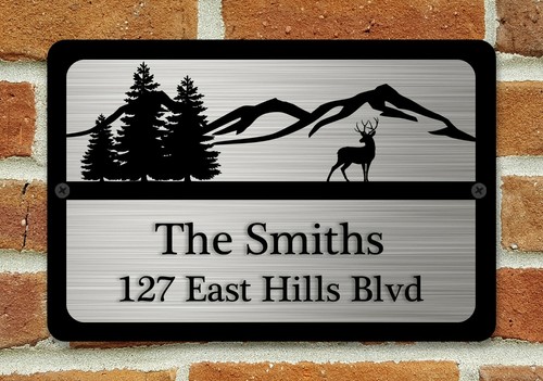 Personalized House Address Custom Plaque 12" x 8" Aluminum Deer Trees Art Sign - Foto 2 di 3