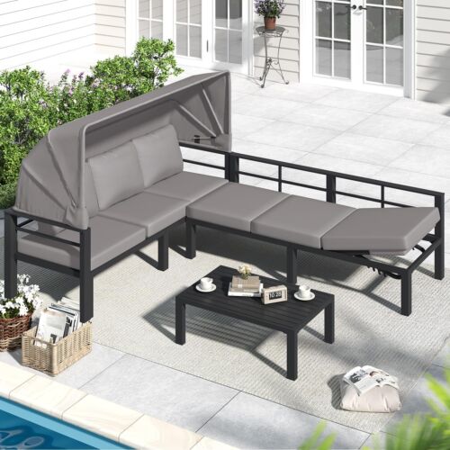 Outdoor Patio Metal Furniture Conversation Set with Foldable Canopy&Coffee Table - Picture 24 of 30
