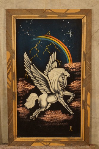 RETRO 1960's 1970's Unicorn Fantasy Painting on Felt Canvas Framed