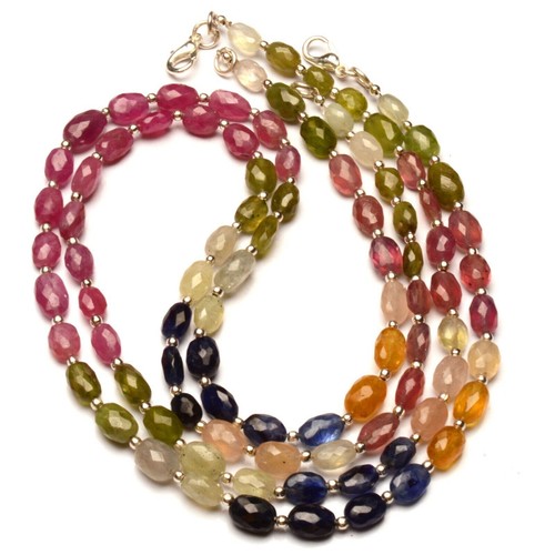 Natural Sapphire Gemstone 8 to 9 mm Size Faceted Oval Shape Beads 18" Necklace - Picture 1 of 9