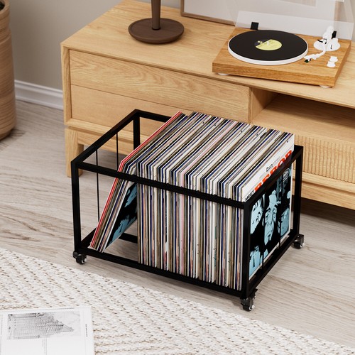 Metal Vinyl Record Storage Crate with Wheels Albums Rack CDs Holder Organizer - Picture 9 of 13