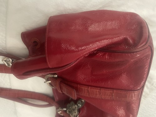 BRIGHTON RED Shoulder + DUST BAG Pebble Croc Patent Leather Drawstring, 2 Straps - Picture 13 of 24