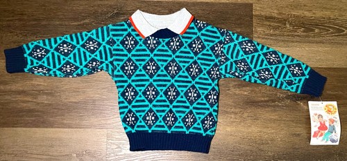 Vintage 1980s Sears Winnie the Pooh Toddler Sweater 2T Blue Knit Geometric NWT - Bild 1 von 5