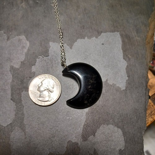 Obsidian Crystal Moon Necklace, Stainless Steel Chain, Leather Cord, Celestial - Picture 8 of 10