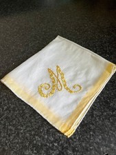 Vtg Cotton "M" Monogram Yellow  White Embroidered Handkerchief Yellow Finish