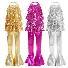 Kids Girls Bodysuit Ballet Unitard Ruffled Rompers With Trousers Princess Shiny