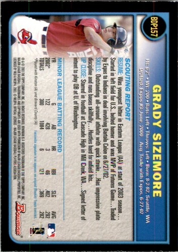2003 BOWMAN DRAFT PICKS GOLD THICK CARD - #BDP157 GRADY SIZEMORE CLEVELAND - Picture 2 of 2