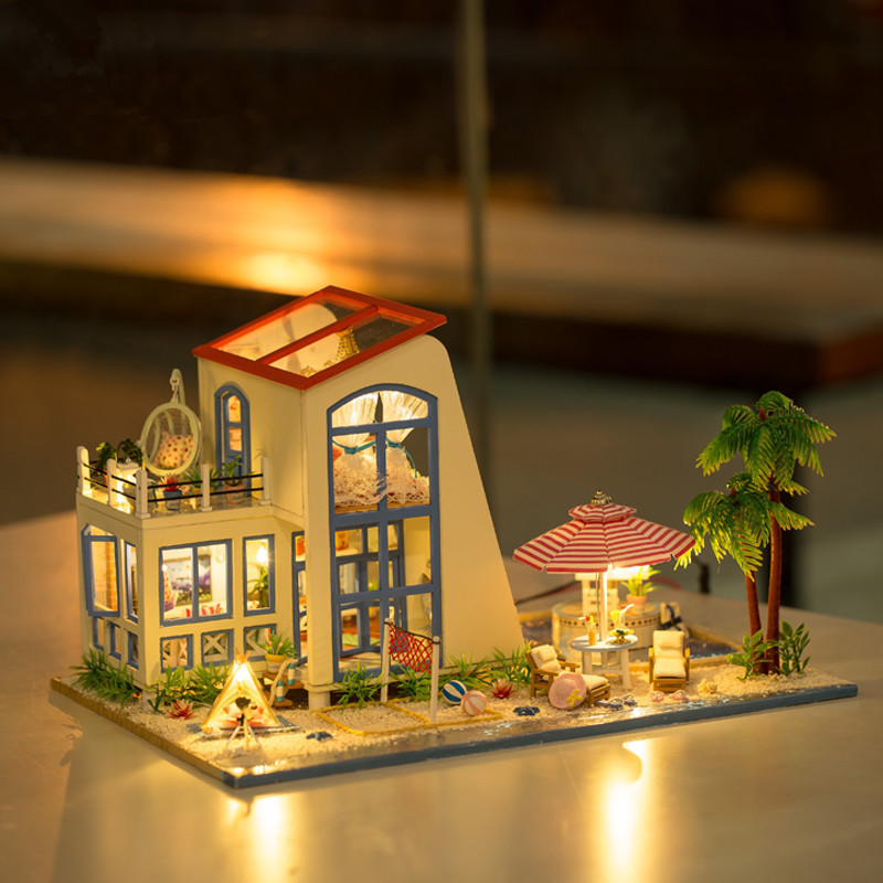 Hoomeda 13840 1 24 DIY Wooden Doll House bluee Sky With LED Furniture DIY Dollhou Hoomeda 13840 1 24 DIY Wooden Doll House bluee Sky With LED Furniture DIY Dollhou