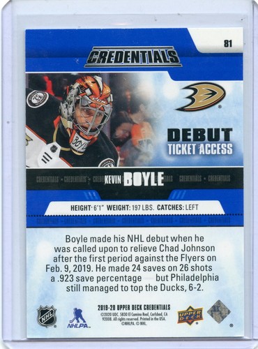 2019-20 Upper Deck Credentials #81 Kevin Boyle 495/999 RC - Picture 2 of 2