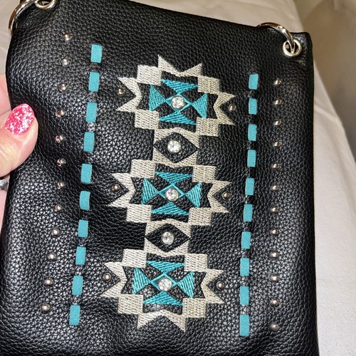 American Bling Western Crossbody Bag Black Turquoise Studded. Cell Pocket NWT - Picture 2 of 5