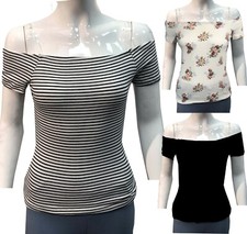 Womens Off Shoulder Plain Short Sleeve Stretchy Band Slim Fit Bardot T-Shirt Top