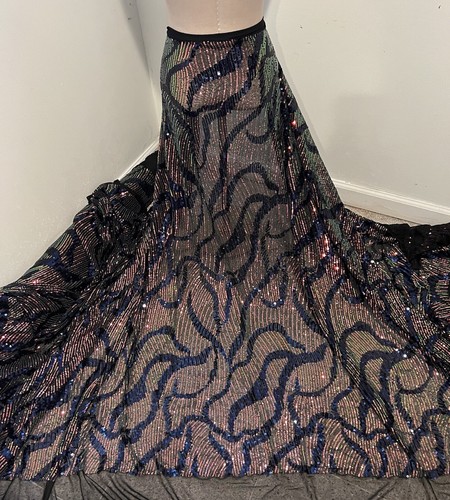 Navy black iridescent 4way stretch sequin Embroidery fabric 50” Width 1 Yard - Picture 1 of 6