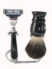Badger Hair Shaving Brush, 3 Edge Black Shaving Set With Stand