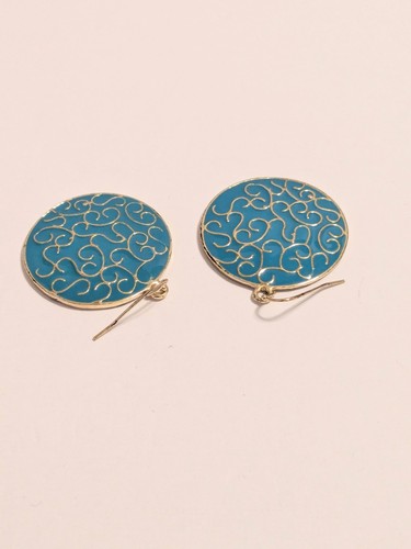 Teal Enamel Inlay & Gold Tone Round Etched Hook Dangle Earrings 1.5". 90's Style - Picture 7 of 15