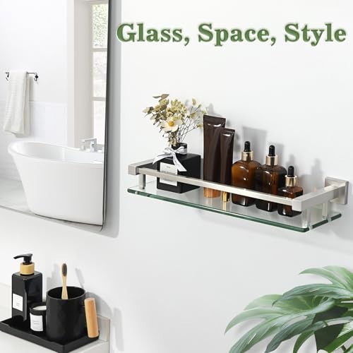 Bathroom Glass Shelf with Stainless Steel Railing Small 16 Inch Brushed Nickel - Picture 7 of 7
