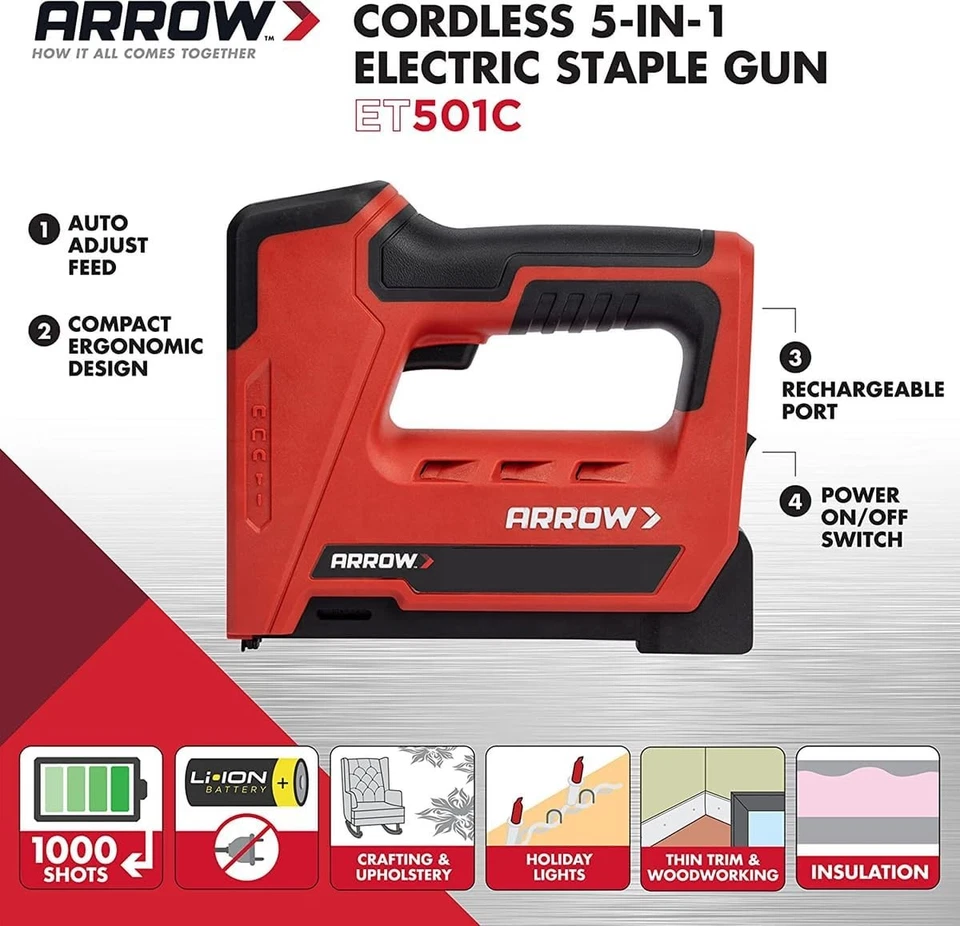 Arrow ET501C Cordless 5-In-1 Professional Staple and Nail Gun, Black/Red  - Image 3 of 4