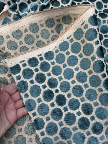 Beige & Aquamarine Velvet Dot Upholstery Fabric Unused 56” W X 102” - Picture 5 of 7