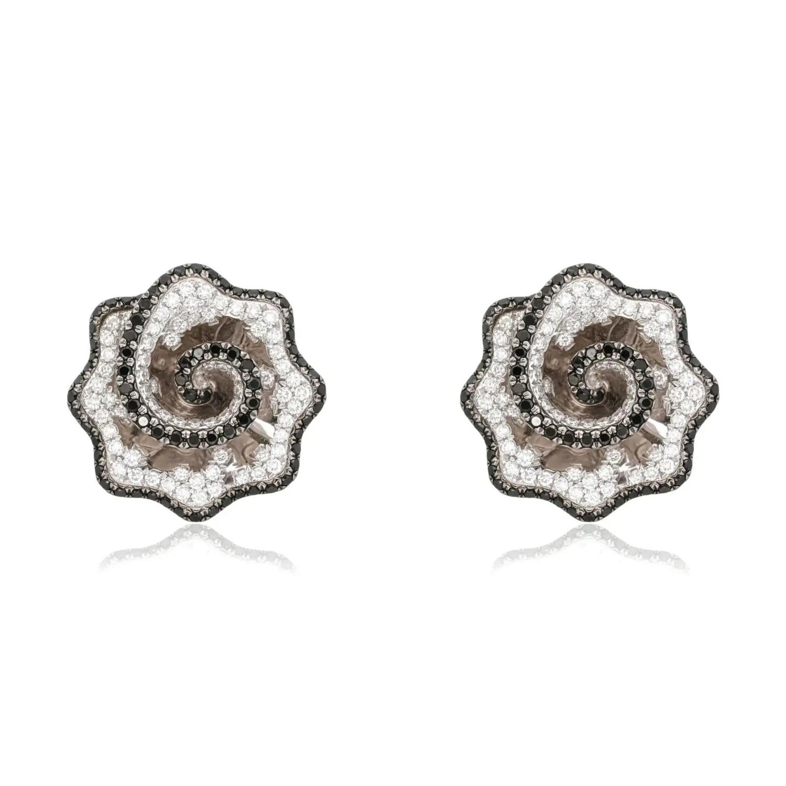 Black & White Diamond Rose Stud Earrings 18K White Gold 1.55Ctw