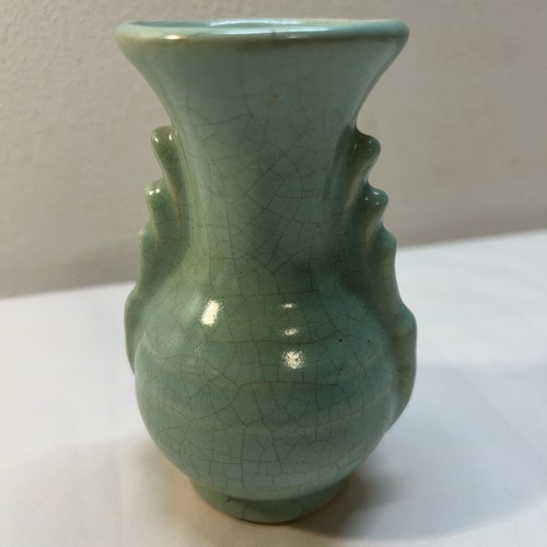 Vintage Art Deco Green Glaze Dual Handle Pottery Vase 4.5” Unsigned Cabinet - Picture 3 of 11