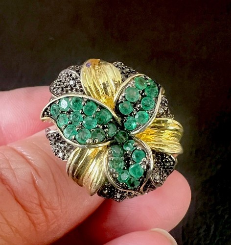 Fine Sterling Silver & Gold Emerald &diamond Ring - Imagen 3 de 7
