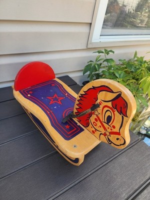 Vintage 1950 s Spotty Wood Wooden Rocking Horse Riding Toy Complete Bell Handles