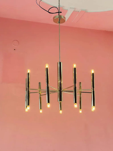 Italian Vintage Sciolari Tube Brass Chandelier 9 Arm 18 Bulbs Living Room - Picture 2 of 9