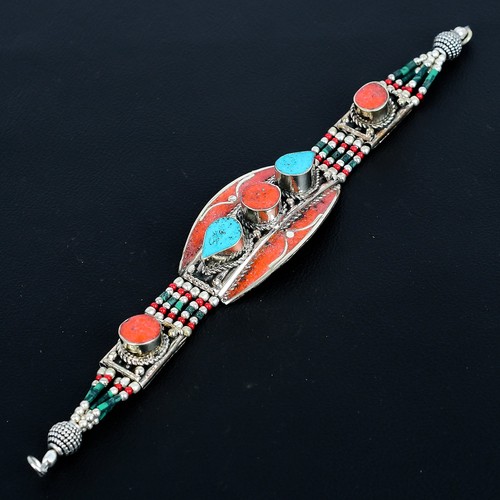 Red Coral Turquoise 925 Sterling Silver Boho Tibetan Nepali Bracelet 7" VJ 3295 - Picture 3 of 5