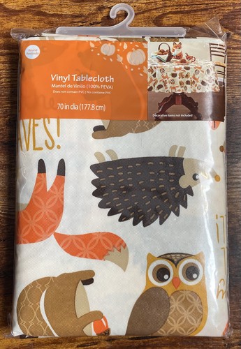 70 inch Round Fox Owl Squirrel Hedgehog Forrest Animal Print Vinyl Tablecloth - Picture 1 of 5