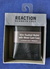 KENNETH COLE REACTION MEN SLIM DUOFOLD LEATHER  METAL CARD CASE WALLET BLACK-NWT