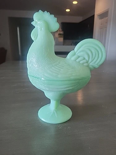 Green Jadeite Glass Depression Style Rooster Chicken Candy Dish, Hen on Nest -9"