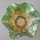 Vintage Fenton Green Carnival Glass Ruffled Bowl Little Flowers Pattern 5.75 in.