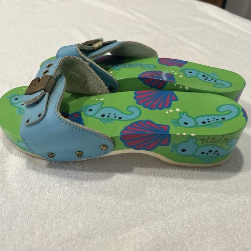 Vtg Dr. Scholl Blue Leather Wood Sole Sandal Seahorse Painted 8 - Picture 5 of 11