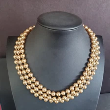 VTG KJL Kenneth Jay Lane 3-Strand Champagne Faux Pearl Necklace Gold Tone Signed