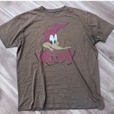 Mens Woody Woodpecker Graphic Shirt Brown Short Sleeve Cartoon y2k vtg Large v2