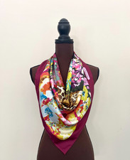 Salvatore Ferragamo Square Silk Scarf Animal Leopard in Garden Burgundy Red Wrap