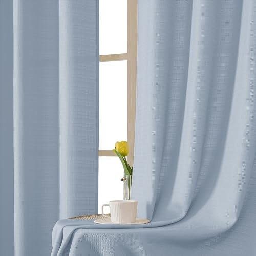 Bennet Aqua Curtains 54 Inch Length 2 Panels, Faux Linen Textured Semi Sheer - Foto 6 di 6