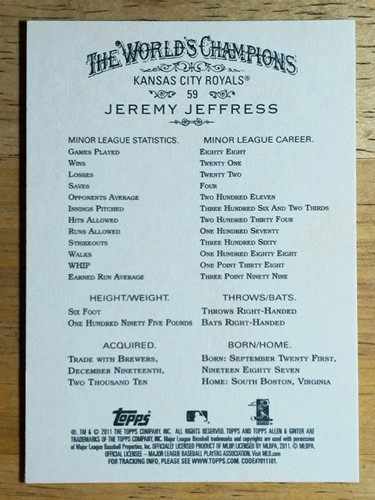 Carte codice 2011 Topps Allen e Ginter #59 Jeremy Jeffress - Foto 2 di 2